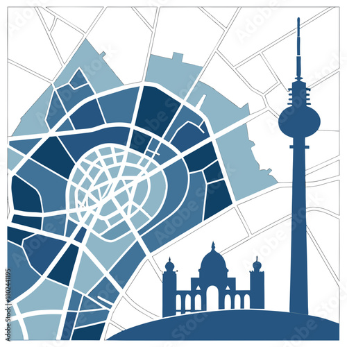 Stylized berlin map with iconic landmarks silhouette