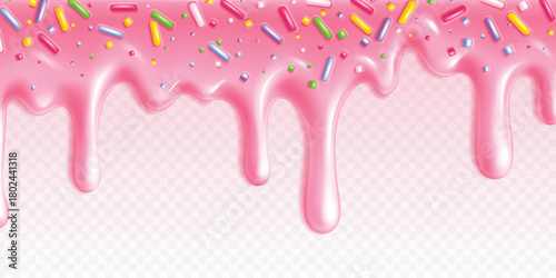 Pink dripping icing with colorful sprinkles, sweet dessert topping design