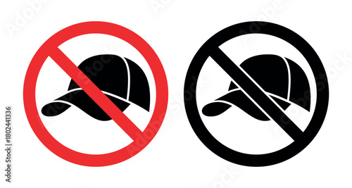 The icon is a red circle with a crossed-out line and a baseball cap. No hats allowed. Remove your cap. Wearing a baseball cap is prohibited. A clothing accessory with a visor. Popular sports headwear.