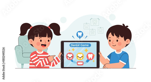 Happy children enthusiastically engage with an interactive dental health game on a tablet, fostering early education in oral hygiene