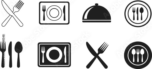 Collection of black and white restaurant and dining icons