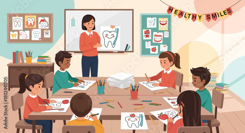 Dental Health Class Kids Learning About Teeth with Smiling Illustrations