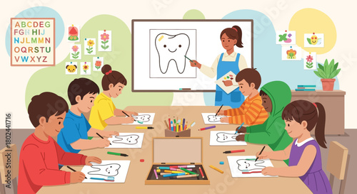 Children enjoying a fun and educational art class, learning about dental hygiene with a tooth drawing activity