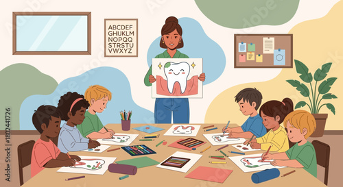 Children learning about dental hygiene and tooth care in a classroom setting with a teacher