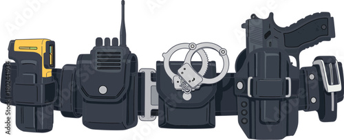 Police duty belt with gun handcuffs radio and yellow device vector