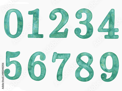 Hand painted watercolor blue numbers 0-9 isolated on a white background.