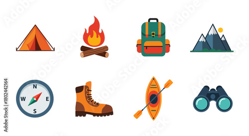 Camping adventure icons: tent, campfire, backpack, kayak, binoculars, compass, mountains, boots