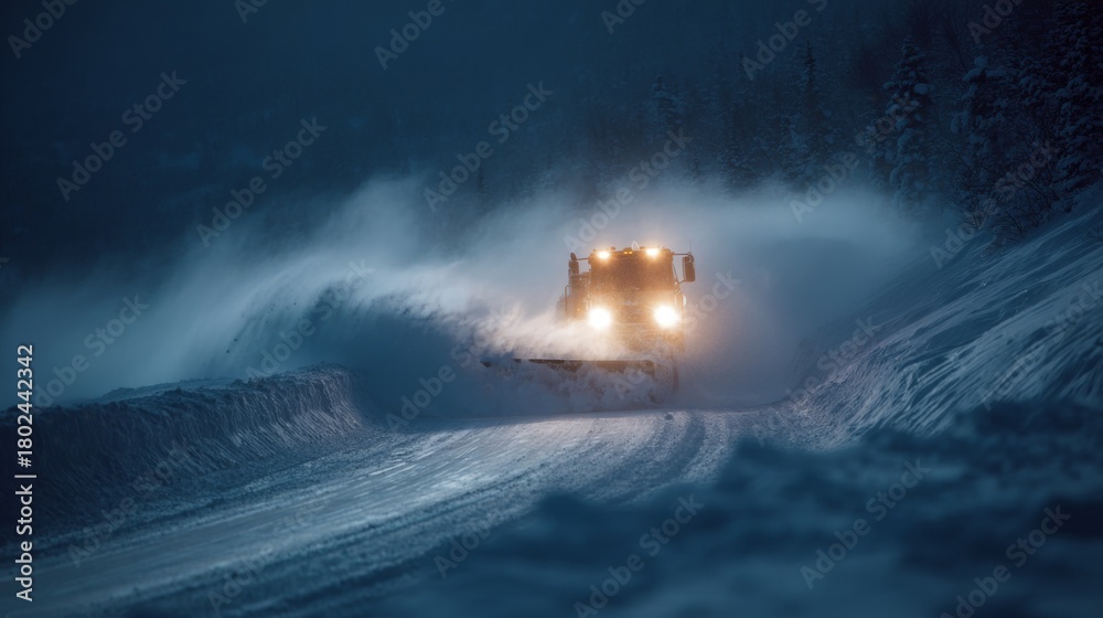 Fototapeta premium Snow Plow Clearing Heavy Snow From Mountain Roads at Dawn Amidst a Winter Wonderland Scene
