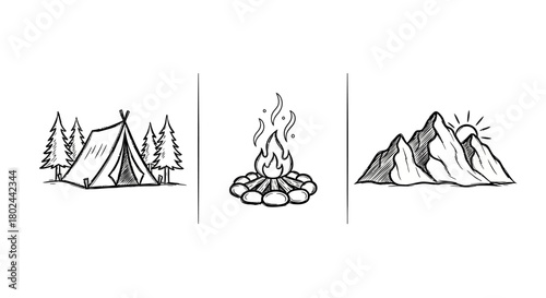 Hand drawn outdoor adventure icons: tent, campfire, mountains