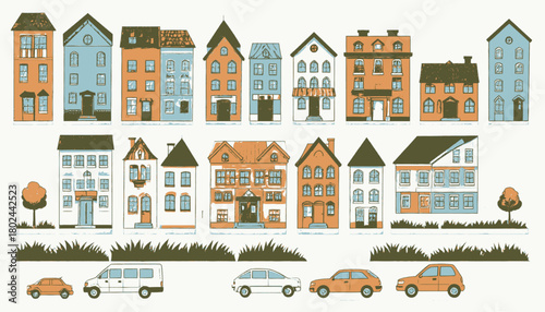 Illustration of stylized houses, trees, and vehicles in a hand-drawn style with an off-white background