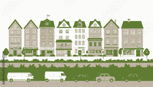 A stylized illustration features a row of buildings with shops and houses, and a street with vehicles