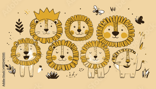 Cartoon illustration featuring adorable lions with friendly expressions, crown, butterfly, and plant elements
