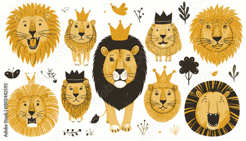 Whimsical illustration showcasing various cartoon lions with crowns, along with decorative elements