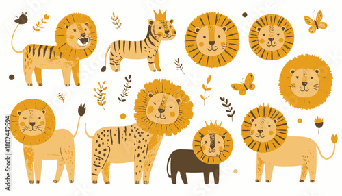Whimsical illustrations of various lions, butterflies, a tiger, and floral elements on a white background