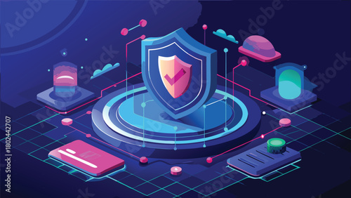 A shield with a check mark and a computer screen, illustrating the concept of secure and verified digital technology..eps