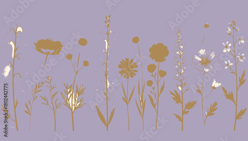 Floral design with various wildflowers in silhouette, two colors on a violet background
