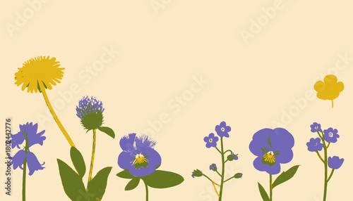 A stylized floral arrangement of varied flowers in purple, yellow, and green on a soft beige background