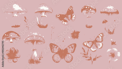 Artistic depiction of woodland elements, featuring mushrooms, butterflies, flowers, and leaves in earthy tones
