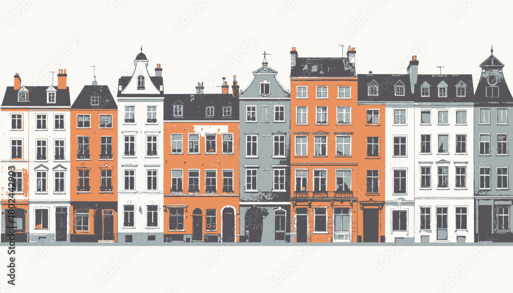 Fototapeta premium Colorful stylized illustration of a row of buildings with varied architectural styles