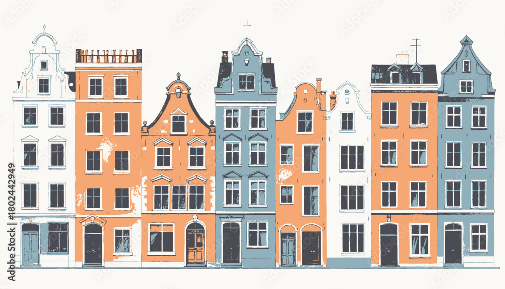 Fototapeta premium A stylized illustration features a row of colorful buildings, each with unique architectural details