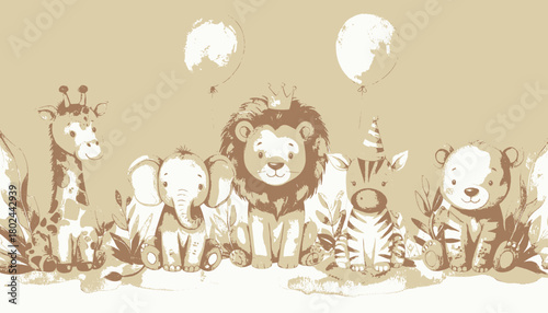 Illustration of cute animals, including a giraffe, elephant, lion, zebra, and bear, with balloons