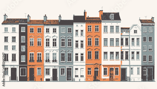 A row of colorful European townhouses, painted in vibrant shades, vector style illustration