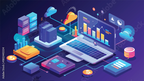 Visual representation of cloud computing, data analytics, and mobile applications highlighting digital innovation..eps