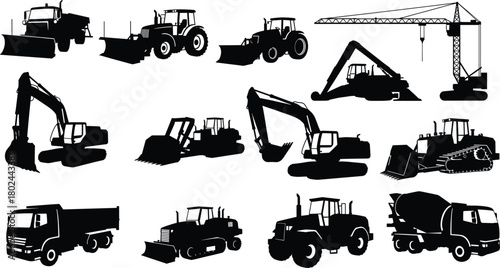 Construction vehicles silhouettes, bulldozer, tractor, excavator, crane, dump truck, cement mixer, loader, grader, heavy machinery, industrial equipment, vector illustration