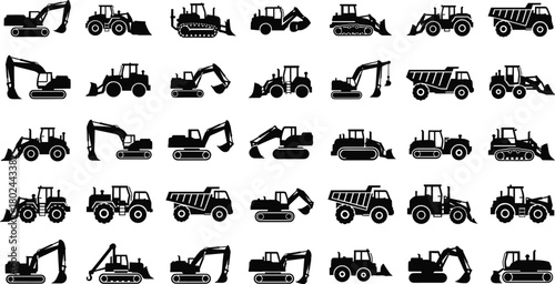 Construction vehicles silhouettes, heavy machinery icons, excavator, bulldozer, dump truck, loader, backhoe, industrial equipment, earthmoving machines, construction site tools, vector illustration