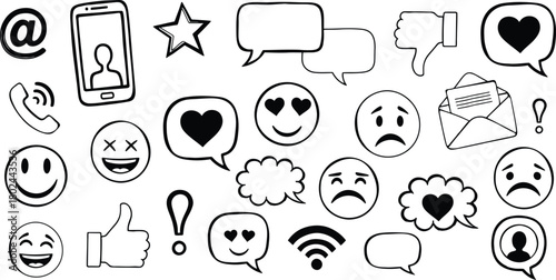Hand drawn social media icons and emojis collection doodle style