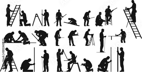Construction worker silhouettes, handyman tools, ladder climbing, hammering, sawing, measuring, DIY repair, building maintenance, home improvement, labor icons, vector illustration