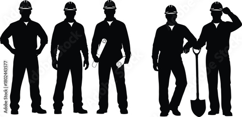 Construction worker silhouettes, hard hats, blueprint planning, shovel labor, confident stance, teamwork, building industry, engineering, architecture, labor force, vector illustration