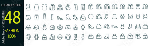 fashion icon set. Containing clothes, accessories, dress, sewing, fabric, shoes and beauty icons. vector illustration
