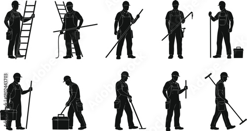 Construction worker silhouettes, manual labor, industrial workforce, hard hat safety, tool belt equipment, maintenance crew, cleaning staff, technical jobs, teamwork, occupation diversity