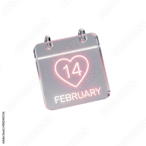 Minimalist 3D Calendar Icon with Neon Heart on February 14 - Valentine's Day Date and Love Event Reminder