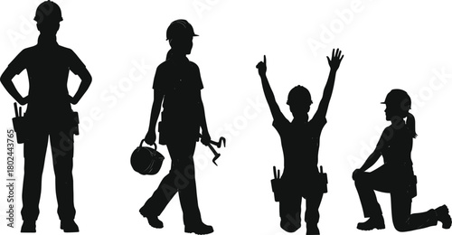 Construction worker, labor silhouette, builder icon, hard hat, tool belt, industrial job, engineering, workforce, occupation, teamwork, repair, 