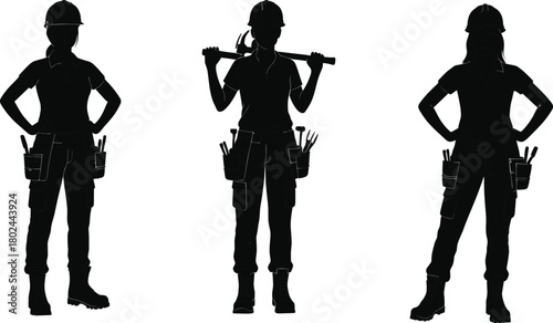 Construction workers silhouettes, hard hats, tool belts, hammer, teamwork, labor force, industrial workforce, building site, engineering project, skilled labor, safety equipment,