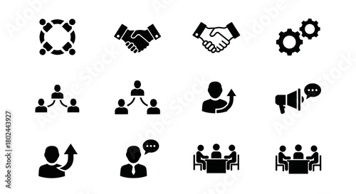 Business collaboration and leadership icons in black silhouettes