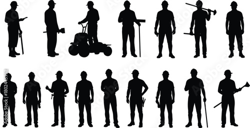 Construction workers silhouettes, industrial labor team, building site illustration, safety helmet gear, engineering tools, teamwork occupation design, contractor workforce, vector art drawing