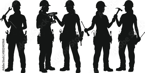 Construction workers silhouettes, hard hats, tool belts, wrench, hammer, screwdriver, drill, teamwork, labor force, industrial tools, building site, engineering project, skilled workforce,