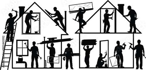 Construction workers, house building, teamwork silhouette, renovation project, labor activity, home improvement, architecture design, scaffolding work, teamwork effort, construction site