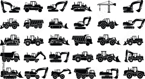 Construction, vehicle, silhouette, excavator, bulldozer, dump truck, crane, loader, industrial, machinery, equipment, heavy, engineering, infrastructure, architecture, transport, black, design,
