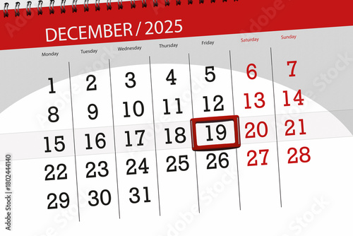 Calendar 2025, deadline, day, month, page, organizer, date, December, friday, number 19