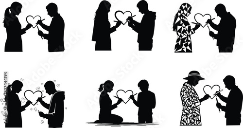 Couple silhouette, love, romance, heart shape, relationship, affection, connection, man and woman, passion, intimacy, togetherness, dating, marriage, romantic art,