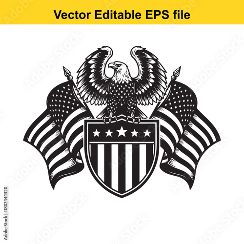 American bald eagle with outstretched wings perched on a shield with usa flags isolated on