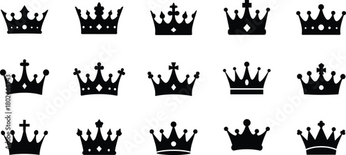 Crown silhouettes, royal crown icons, black crown vector, monarchy symbols, luxury emblem, king queen crown, heraldic design, royalty illustration