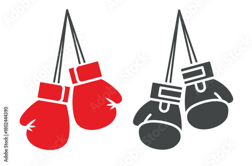 An icon of boxing gloves hanging on a nail. Symbolizing the end of a fighter's career or retirement. Part of a boxer's or fighter's equipment. Symbol of strength, punching, or a competitive match. 