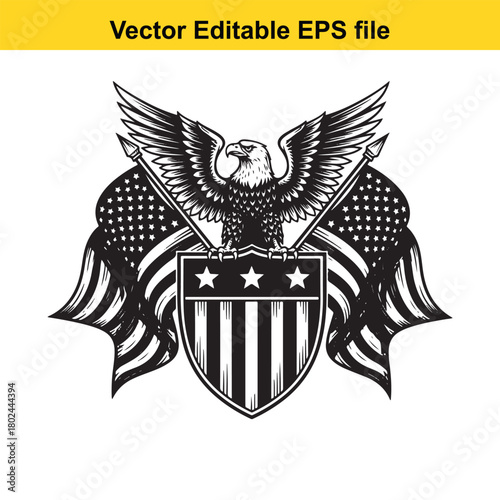 American bald eagle with outstretched wings perched on a shield with usa flags isolated on