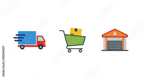 Flat design icons: delivery truck, shopping cart, warehouse