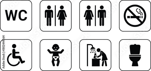 Collection of universal restroom and facility pictogram signs